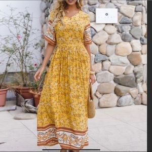 Yellow Boho Floral Print Split Hem Dress